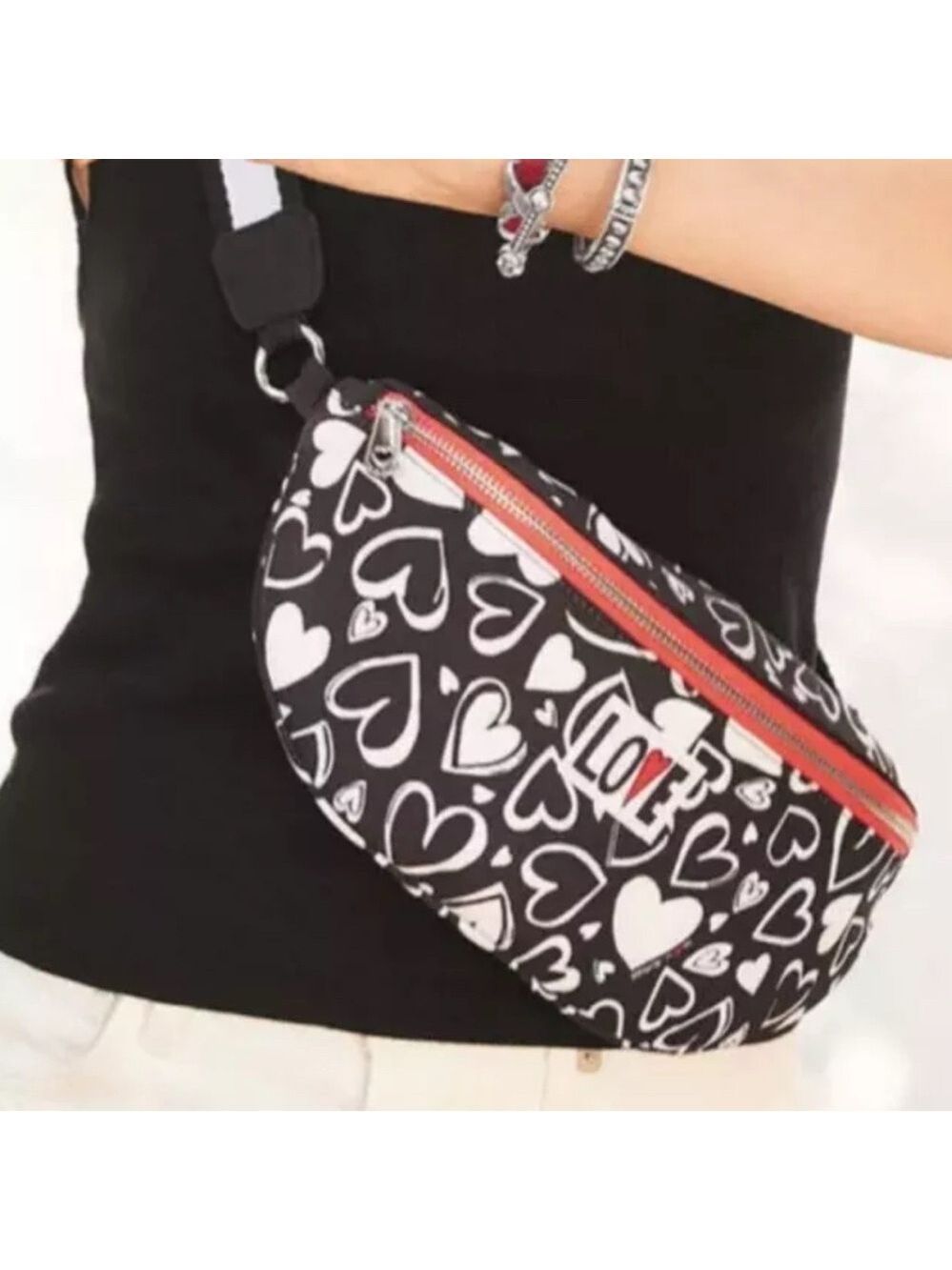 BRIGHTON Endless Love Crossbody Pouch Fannie Pack B&W HEARTS Belt Bag Purse